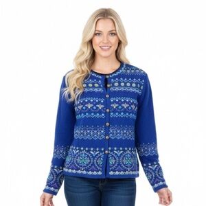 CARSON floral embroidered appliqué knit cardigan size medium lambswool blend